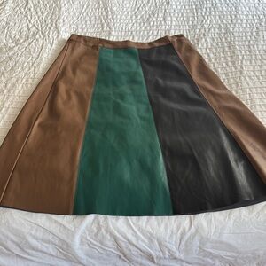 Colorblock Faux Black TV Leather Skirt - Brown, Green, Black